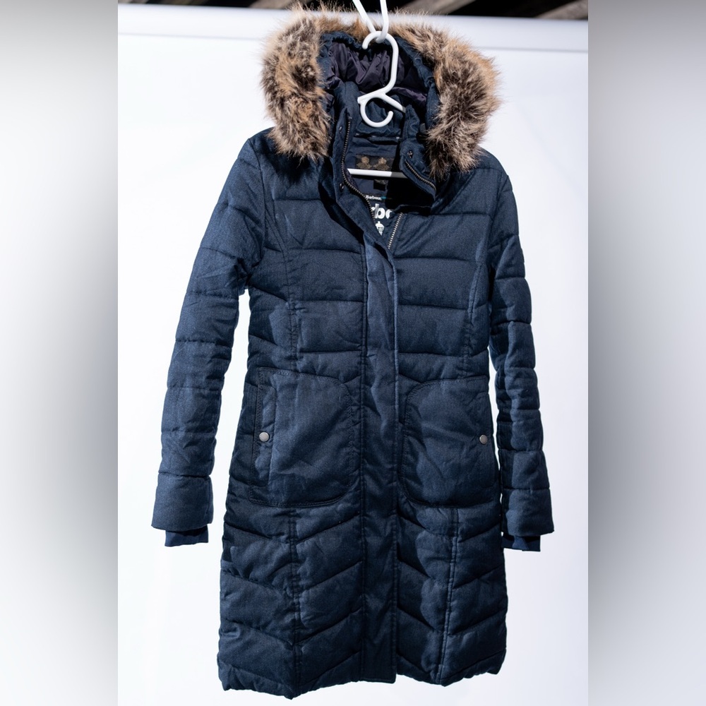 EUC Barbour Women’s Navy Quilted Puffer Coat with Removable Hood